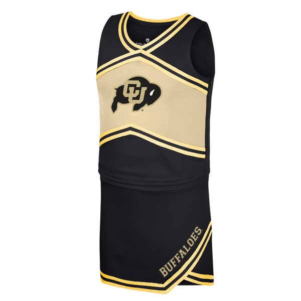This is a black and gold Cheer uniform with a black CU Buffalo logo on the front. Buffaloes is on the skirt in gold. The sparkly lining adorns the top, skirt, and collar.